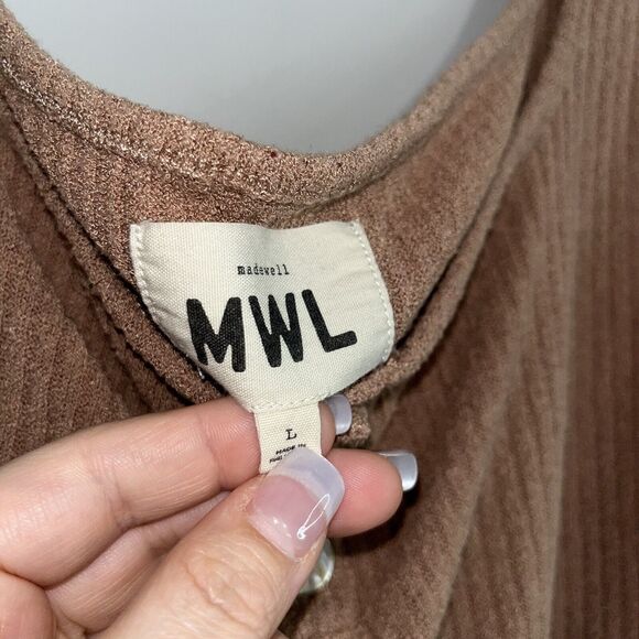 Madewell MWL Large Sleeveless Ribbed Knit Square Neck Henley Crop Tank Top Brown - Picture 3 of 11